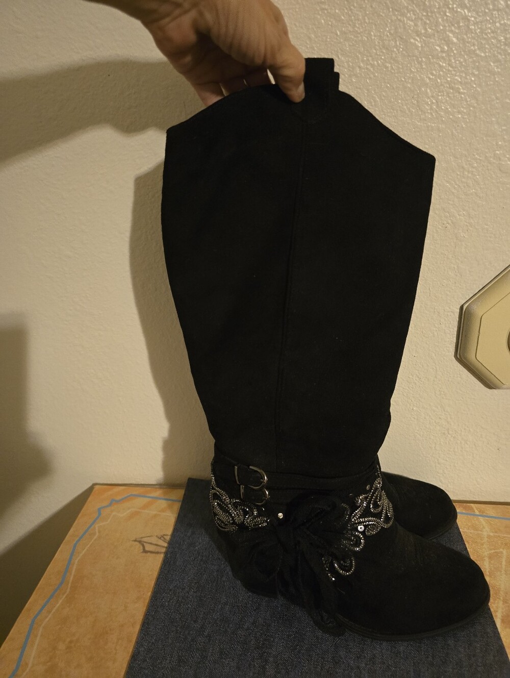 Black Women's Tall Suede Boot with Embellished Ankle Size 8